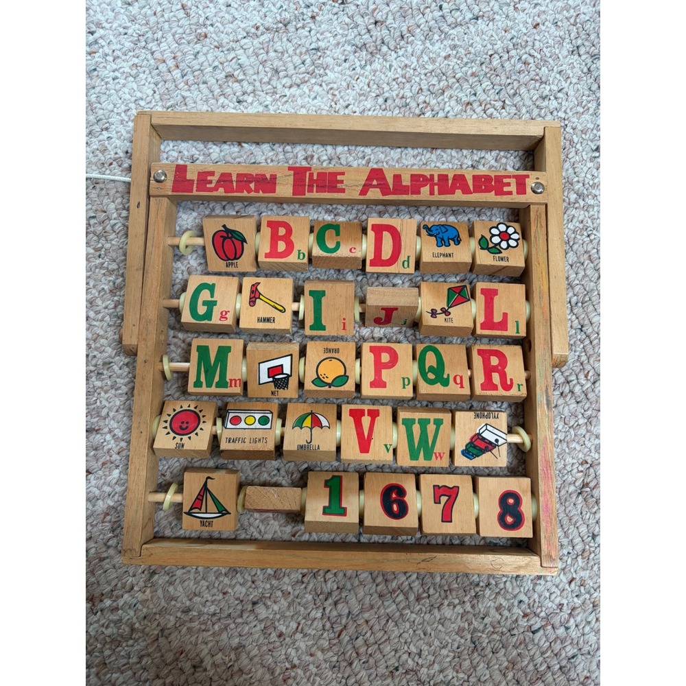 Vintage Wooden Alphabet Abacus Learning Toy Letters Numbers Blocks